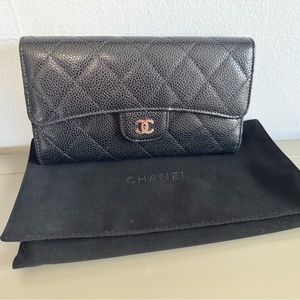 Chanel Long Wallet Trifold Quilted Caviar Leather with Silver CC